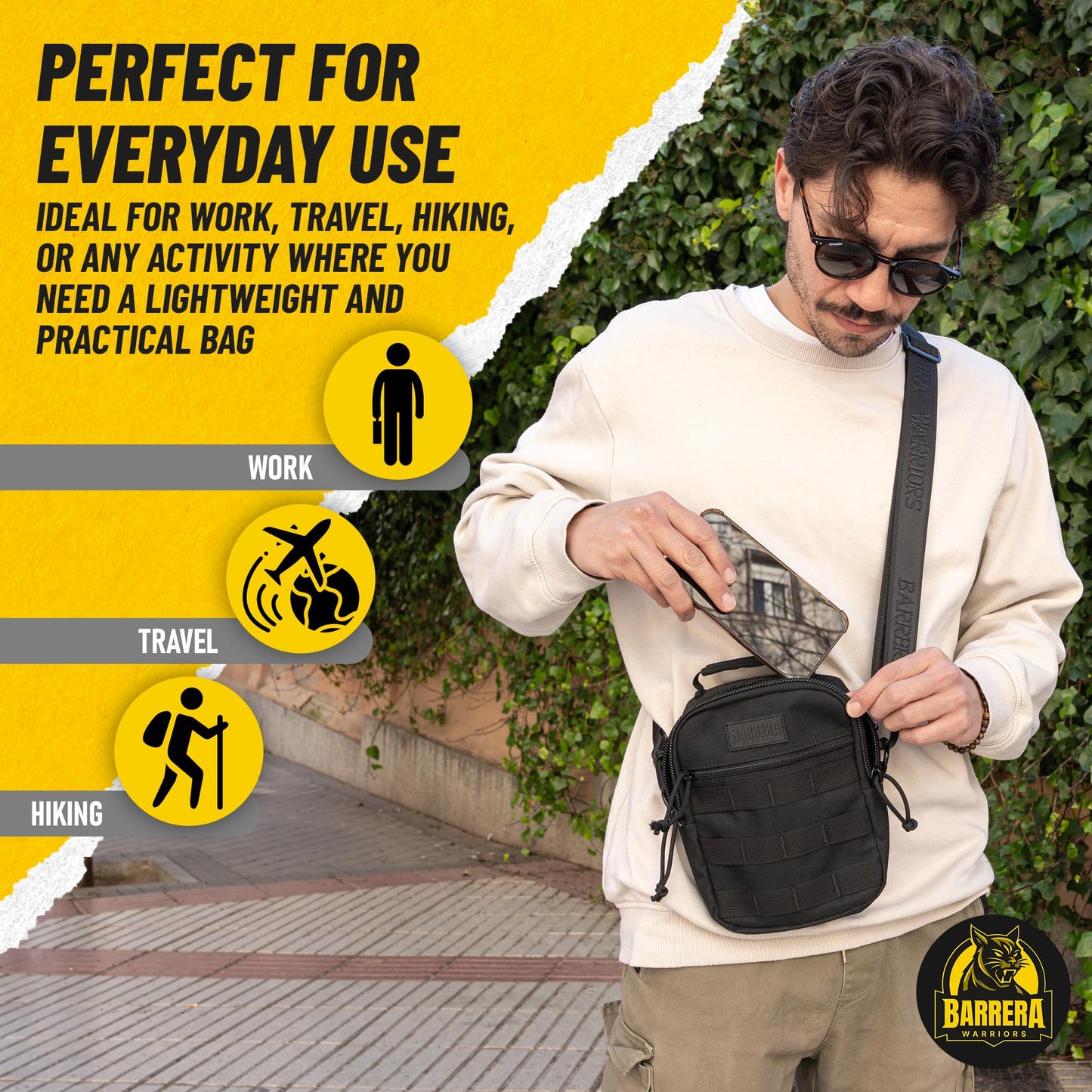 BARRERA warriors- Mini Crossbody bag for men, Handbag Adjustable Bag, Sling bag for men, tactical molle pouch (BLACK, Small)